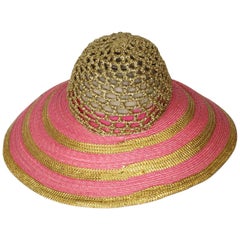Eric Javits Pink and Gold Metallic Striped Crochet Crown Hat