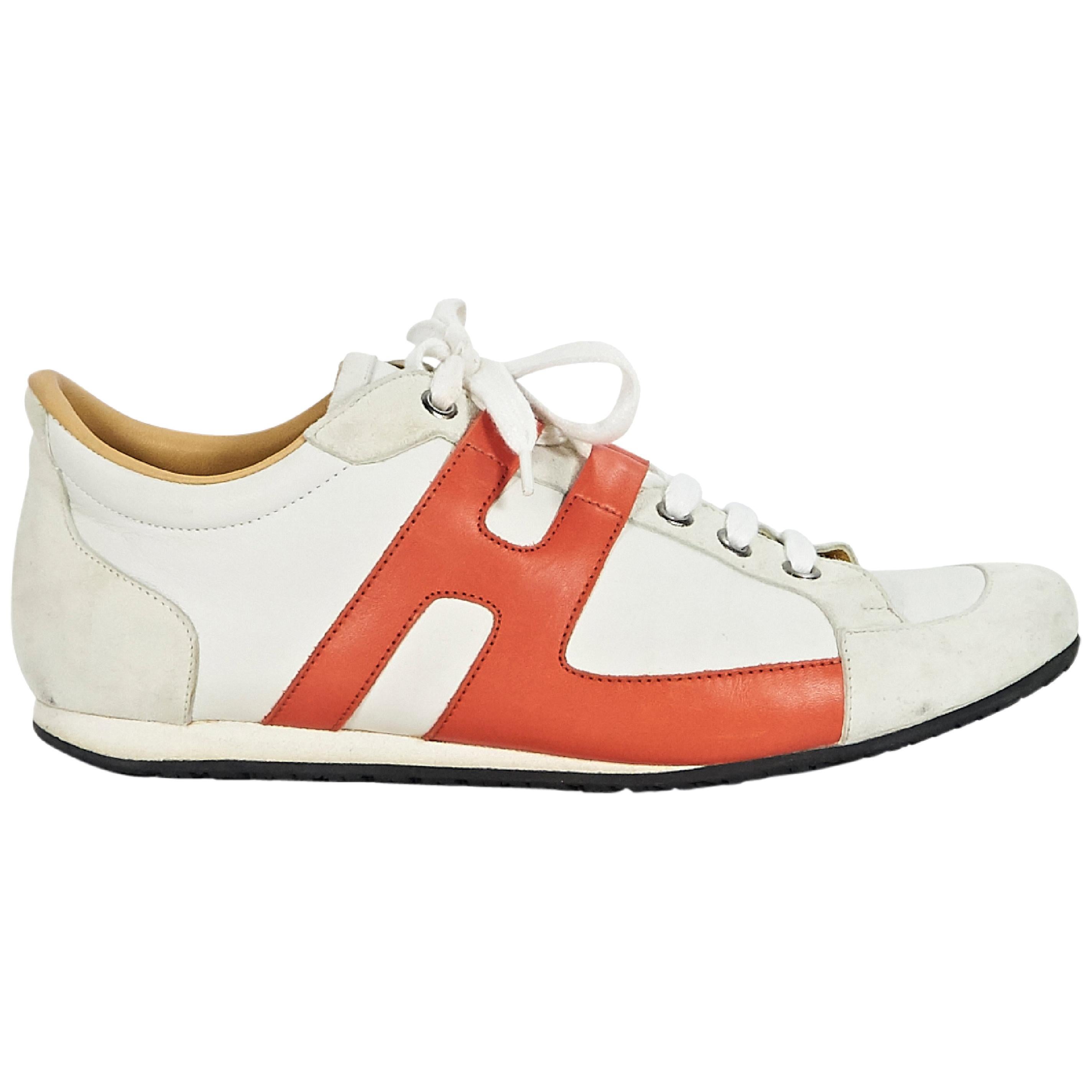 White & Orange Hermes Leather Sneakers