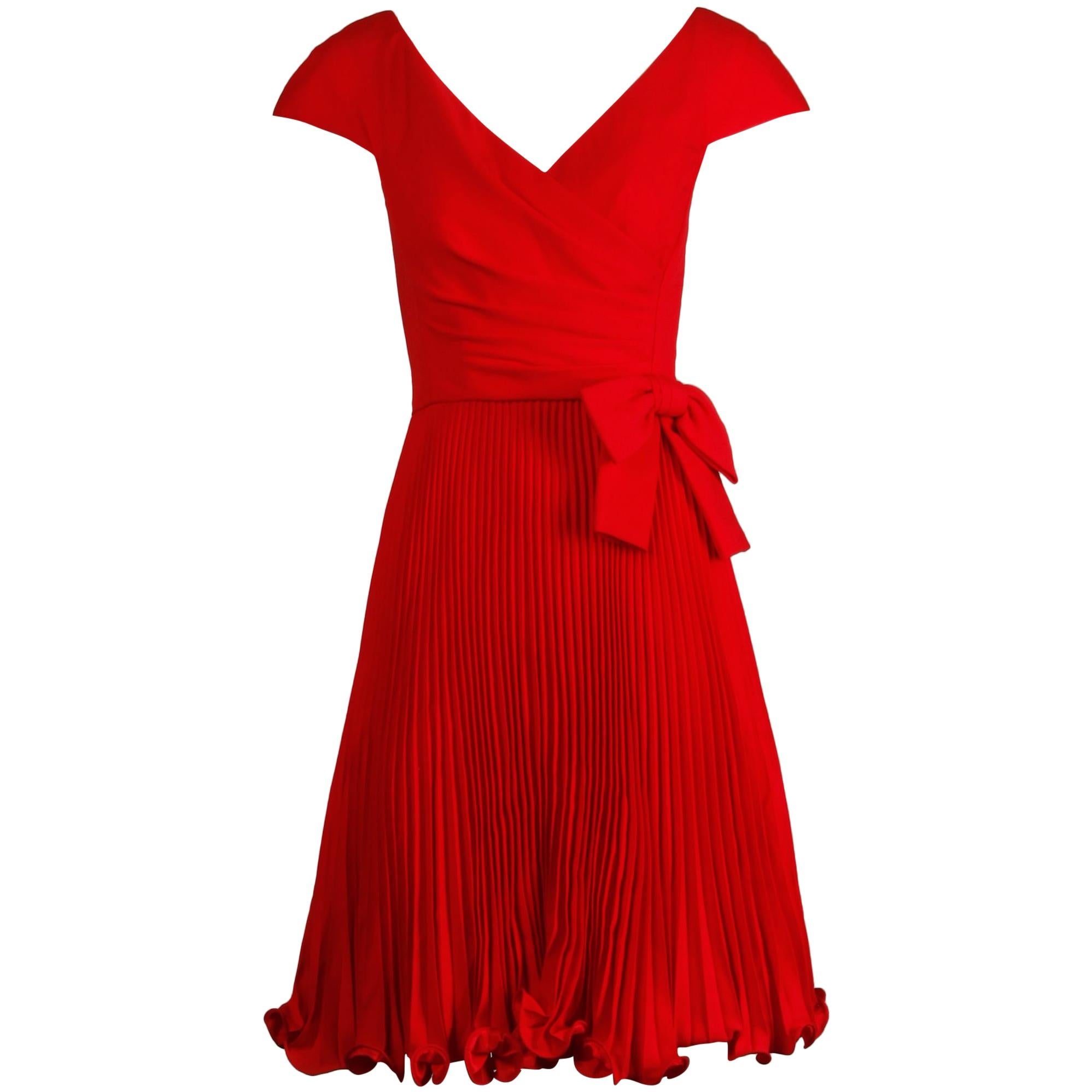 1990s Arnold Scaasi Vintage Red Accordian Pleated Cocktail Dress with Bow Detail