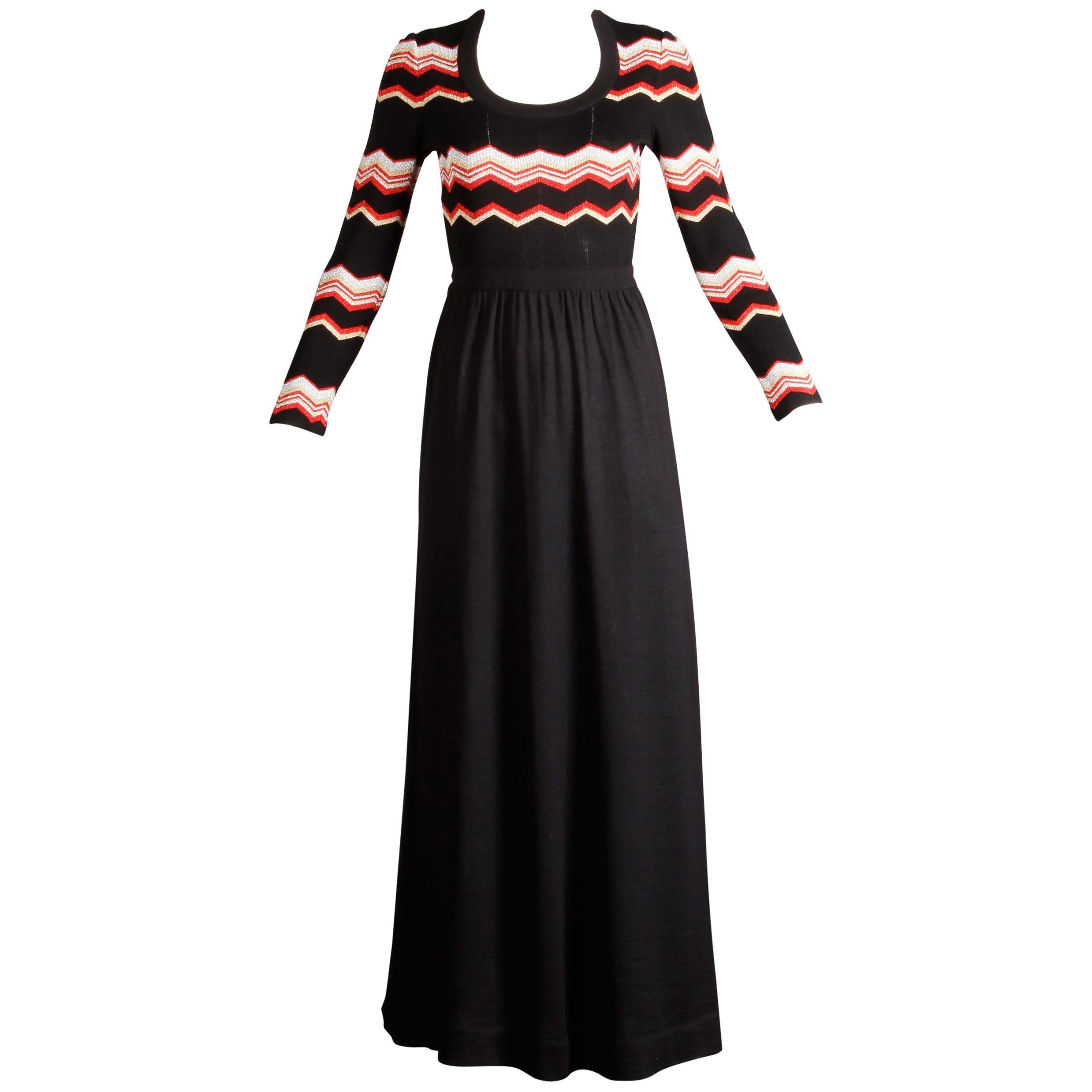 1970s Aristo Kat Vintage Metallic Zig Zag Knit Maxi Dress with Long Sleeves For Sale