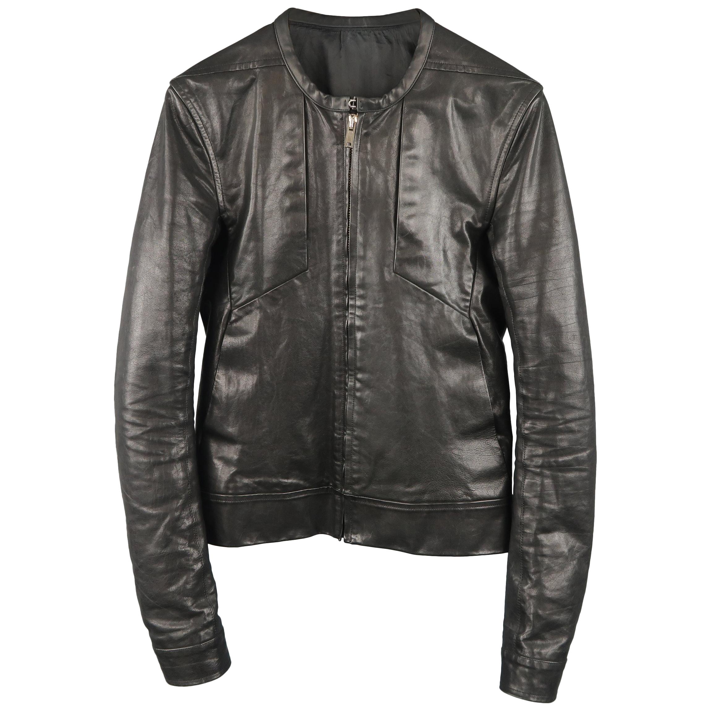 RICK OWENS 36 Black Leather Collarless Biker Jacket