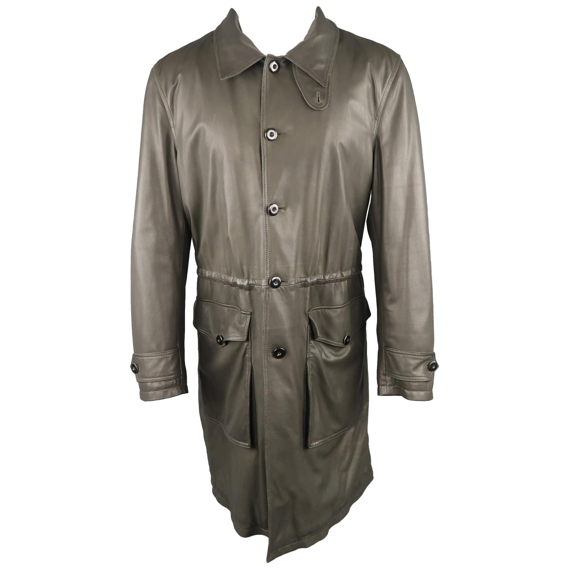 GIORGIO ARMANI 40 Olive Lambskin Leather Drawstring Waist Coat / Leather Jacket
