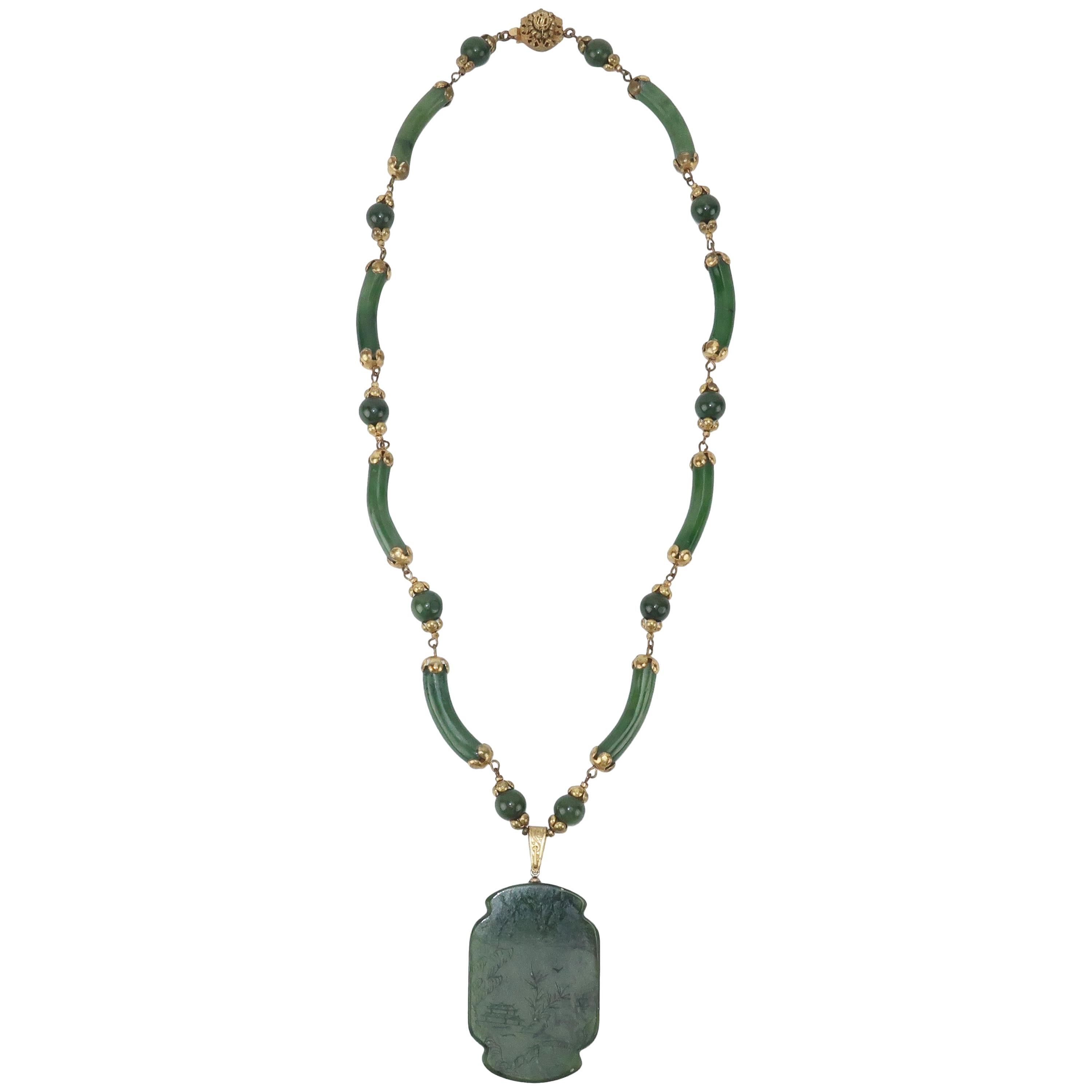 C.1950 Miriam Haskell Green Jade Asian Art Deco Inspired Necklace
