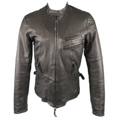 THE VIRIDI-ANNE 38 Black Lambskin Leather Band Collar Motorcycle Jacket / Coat