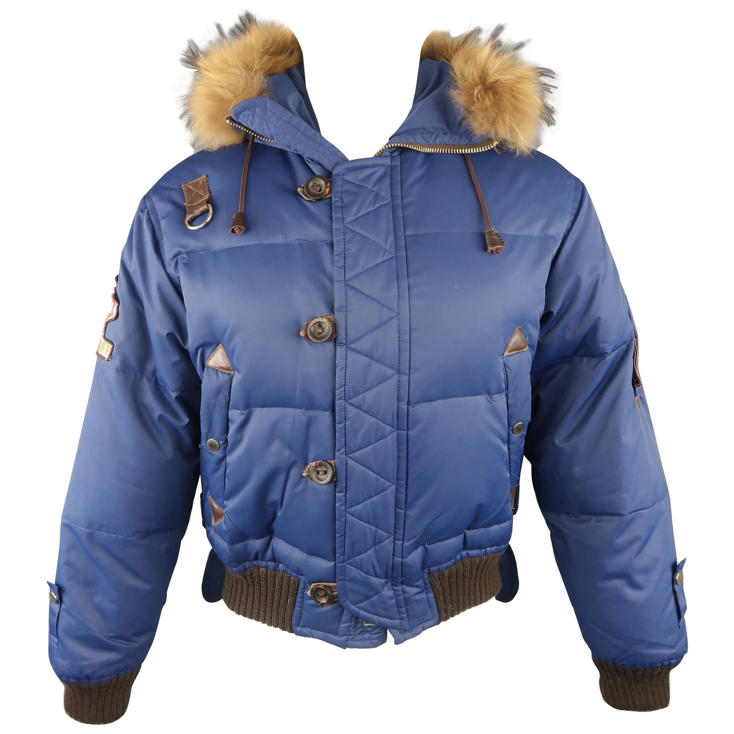 DSQUARED2 38 Blue Nylon Down Fur Trimmed Hood Parka Jacket