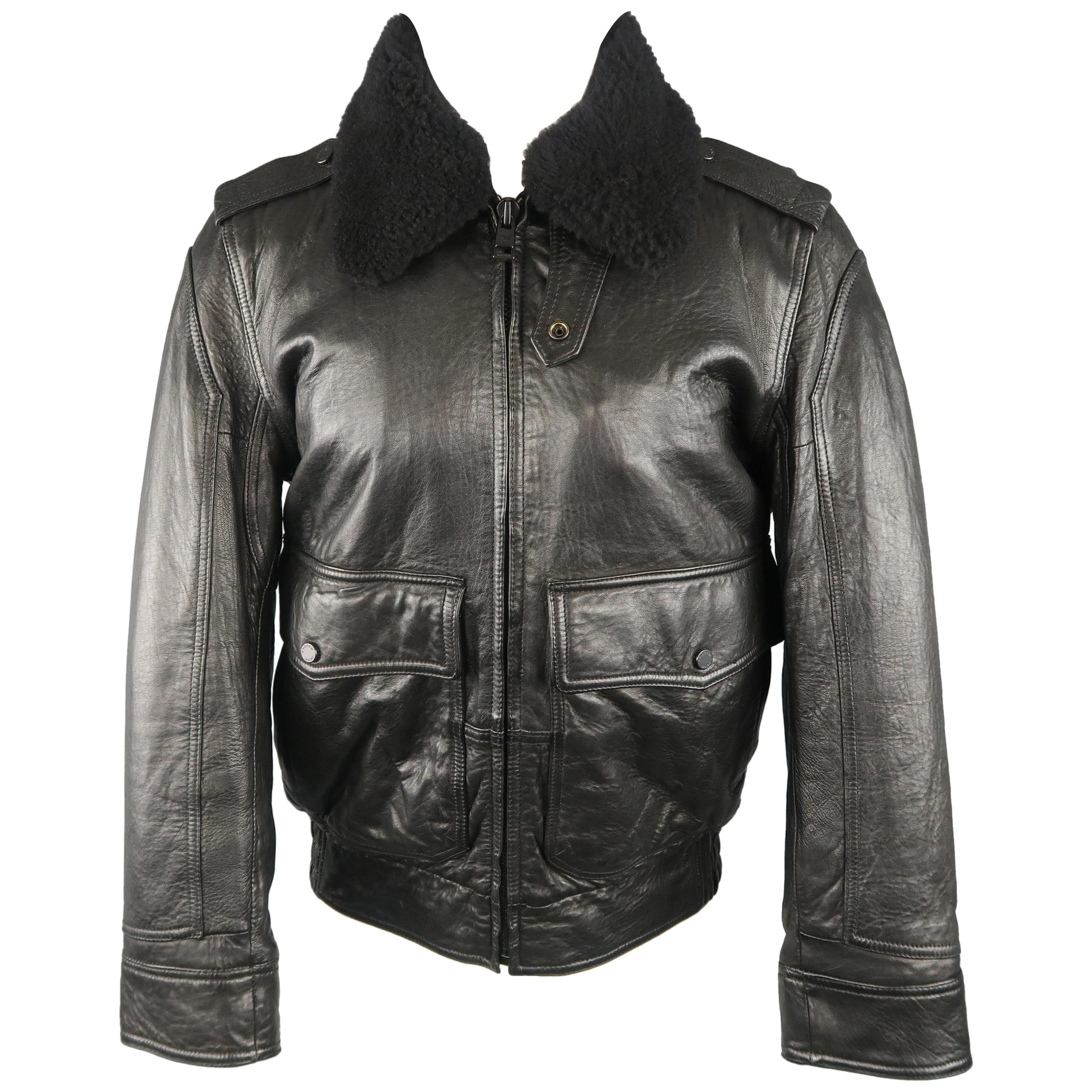 ANDREW MARC S Black Textured Leather Shearling Collar Bomber Jacket / Coat