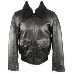 ANDREW MARC S Black Textured Leather Shearling Collar Bomber Jacket / Coat