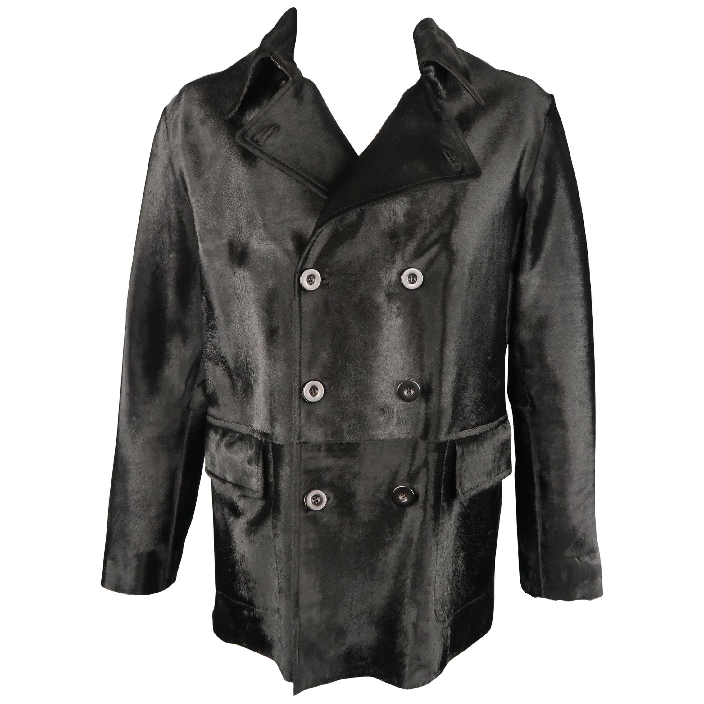 ARMANI COLLEZIONI 46 Black Ponyhair Leather Double Breasted Collared Jacket