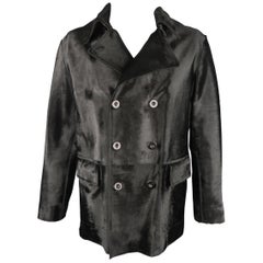 ARMANI COLLEZIONI 46 Black Ponyhair Leather Double Breasted Collared Jacket