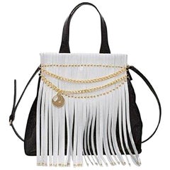 Feri Leather Black White Handbag with Fringe