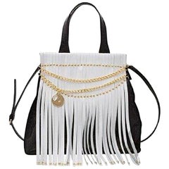 Used Feri Leather Black White Handbag with Fringe 