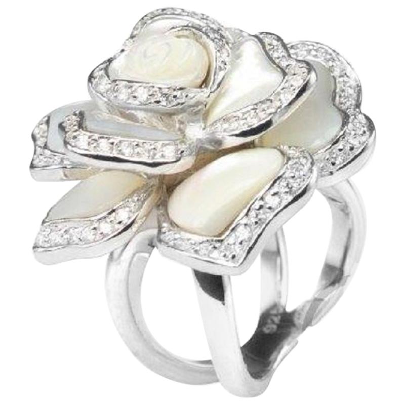 Sterling Silver Rhodium Plating Flower Style Mother Of Pearl Fashion Ring byFeri For Sale