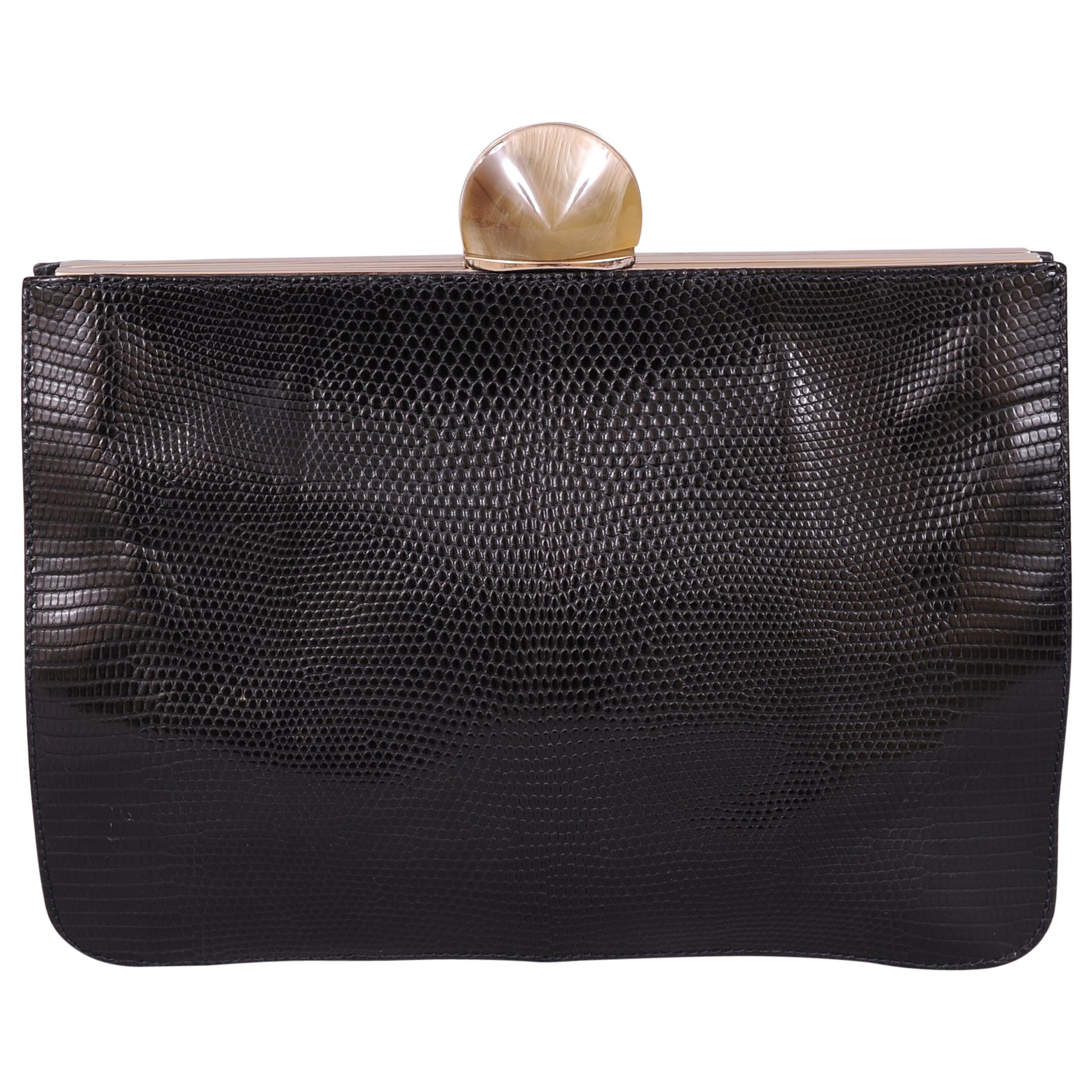 Desmo Black Lizard Clutch with Faceted Stone Clasp