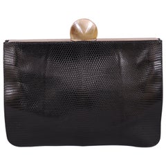 Vintage Desmo Black Lizard Clutch with Faceted Stone Clasp