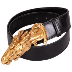 Vintage Gucci Gold Toned Double Horse Head Buckle and Black Leather Belt