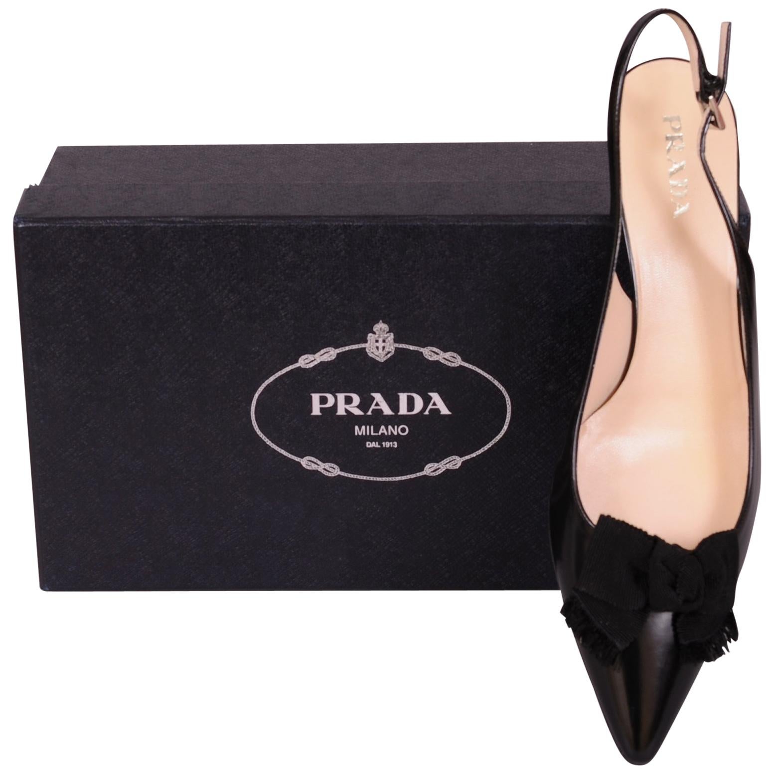 Prada Black Leather Kitten Heel Sling Backs Black Faille Bows Never Worn 10.5