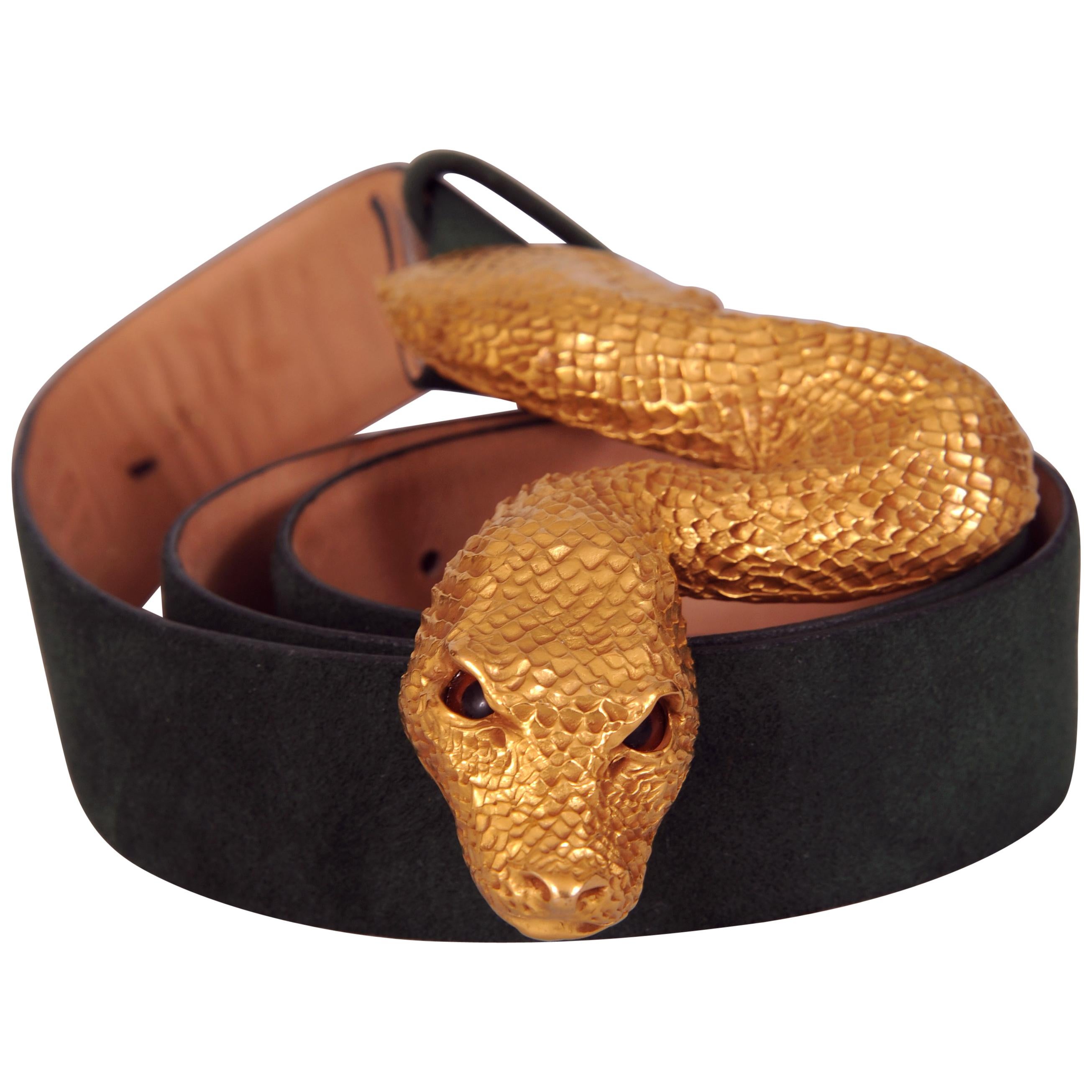 Christopher Ross Large Snake Head Buckle on Green Halston Ultrasuede Belt