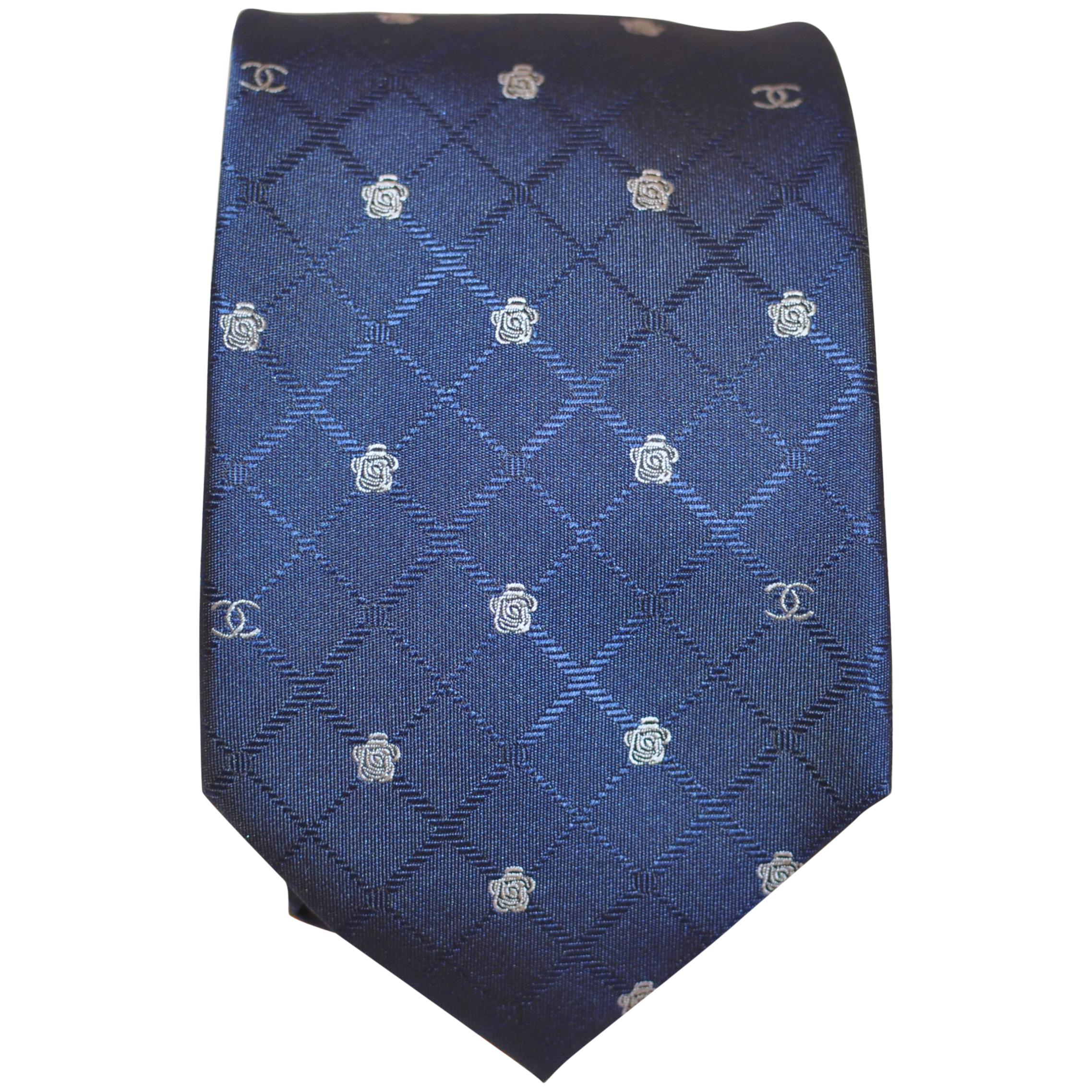 Chanel 1990s Silk Tie w/Iconic Logo and Camellia Flower Print