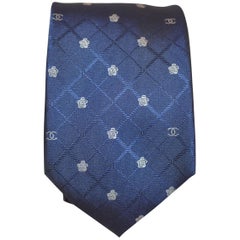 Chanel 1990s Silk Tie w/Iconic Logo and Camellia Flower Print