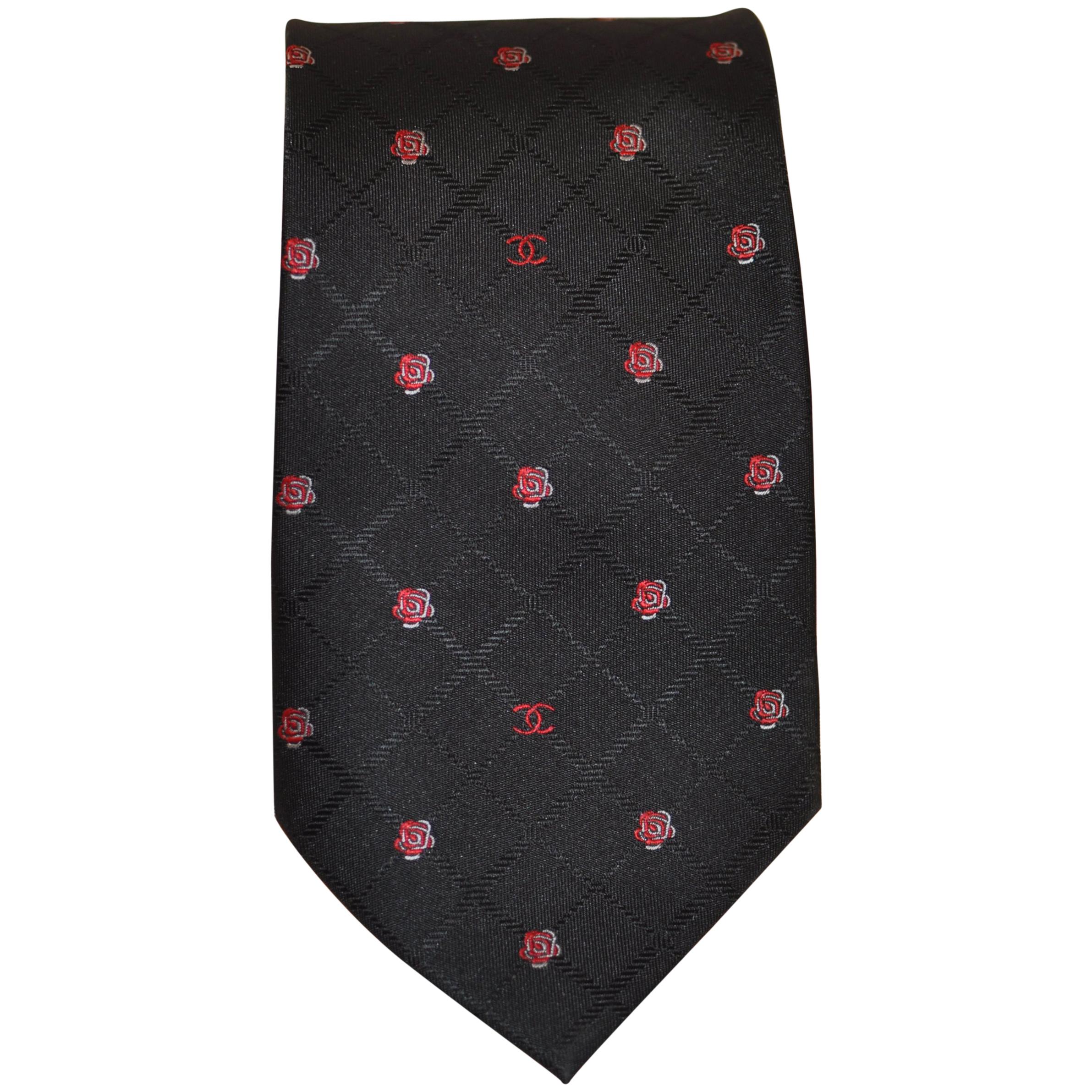Chanel Black Silk Tie with Red and White Chanel Logo and Camellia Print, 1990s 