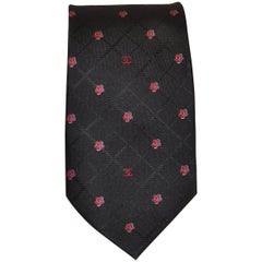 Vintage Chanel Black Silk Tie with Red and White Chanel Logo and Camellia Print, 1990s