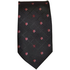 Vintage Chanel Black Silk Tie with Red and White Chanel Logo and Camellia Print, 1990s 