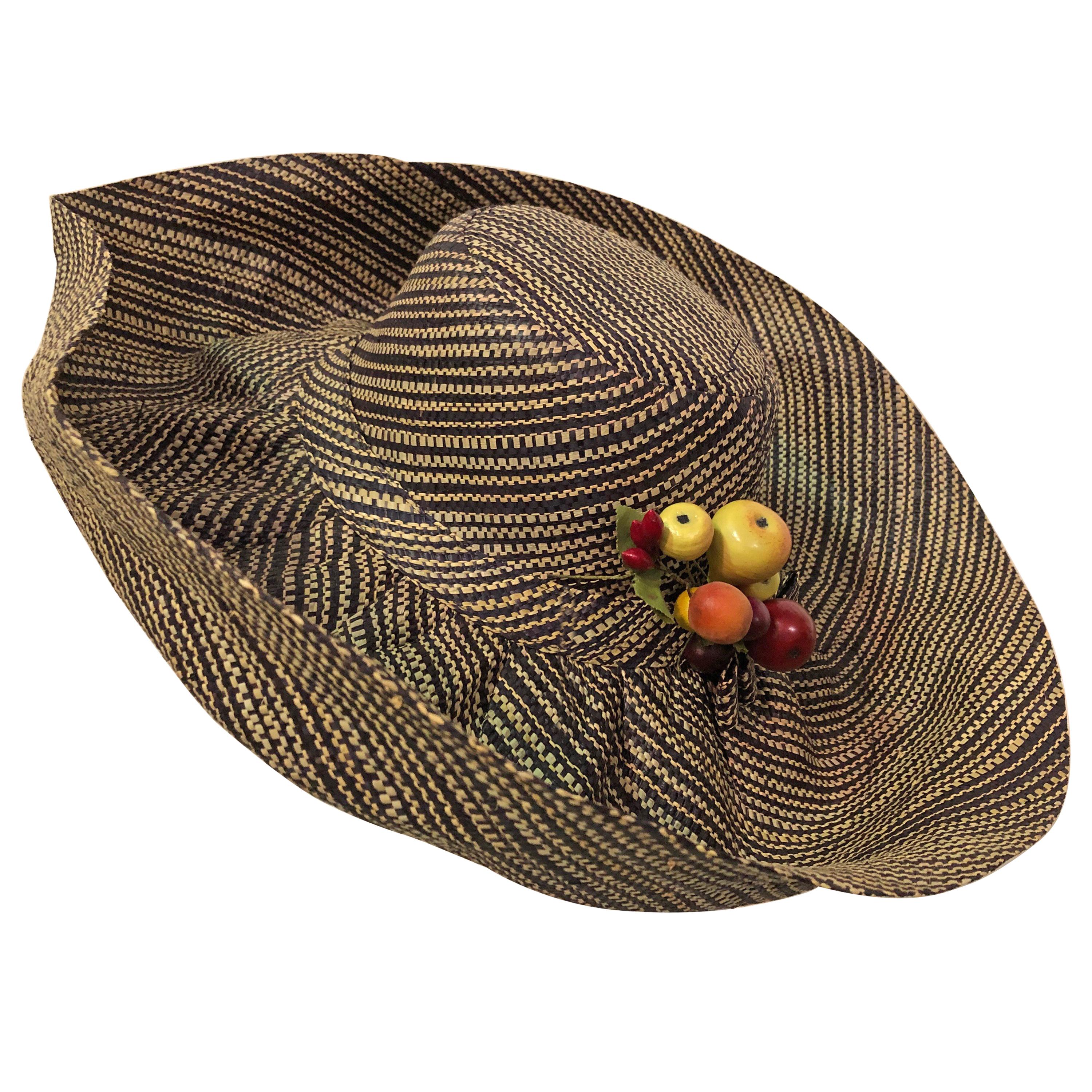 1960s Style Woven 2 Tone Straw Hat With Dramatic Brim & Vintage Fruit Corsage 