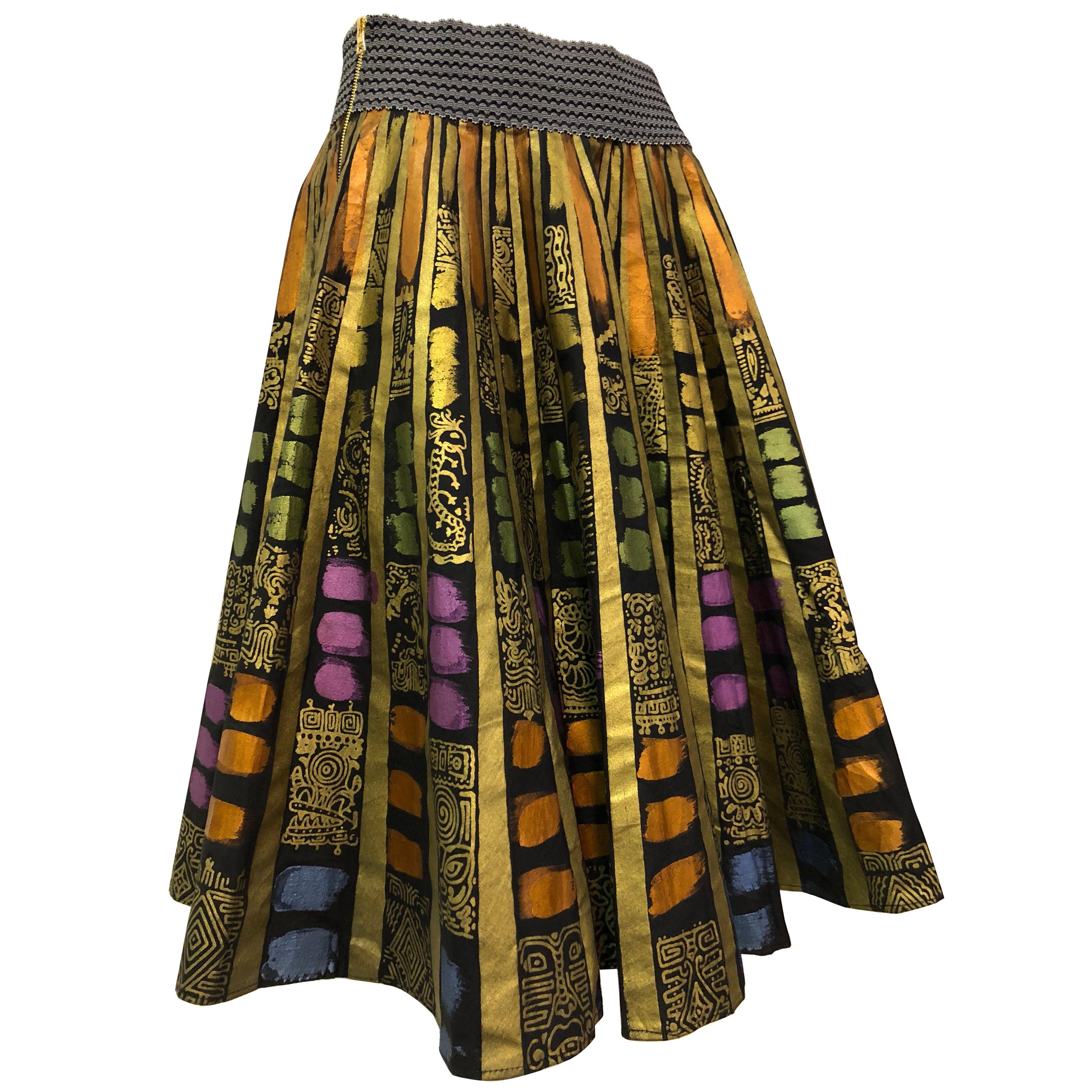 1950s Hand Painted Cotton Mexican Circle Skirt In Vibrant Metallics W/ Side Zip