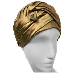 Vintage Christian Dior Golden Silk Satin Pleated Turban With Jewels, 1960s 