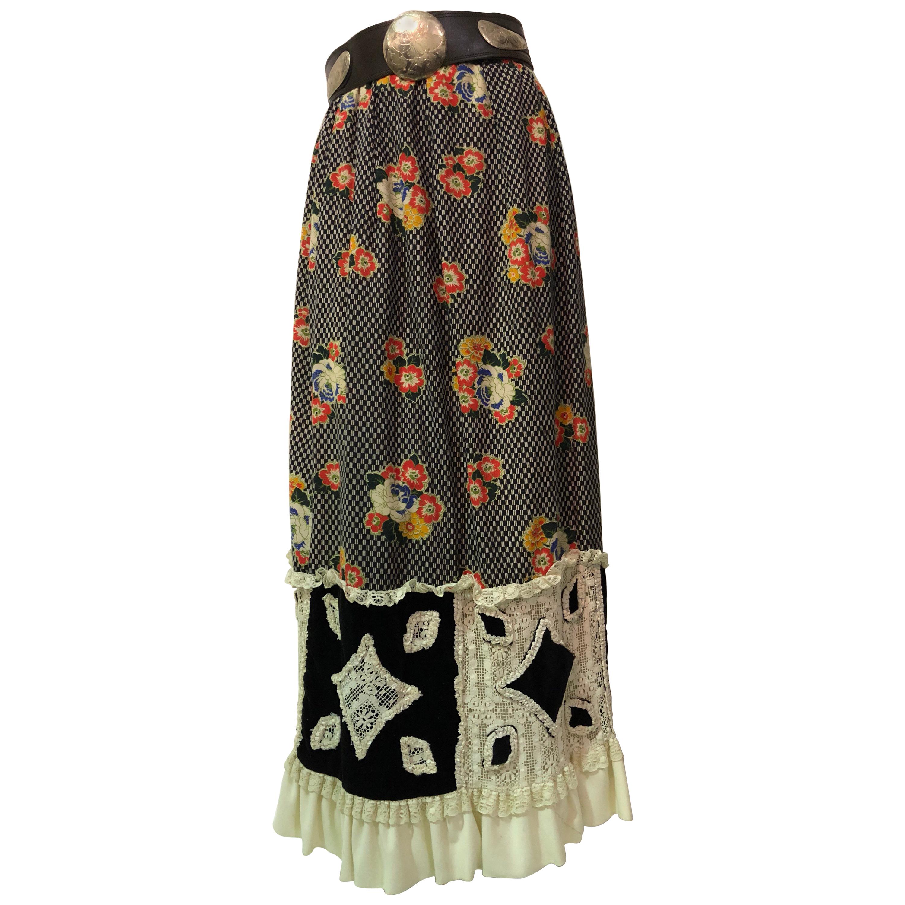 1970s Chessa Davis Folkloric Floral Print Maxi Skirt & Mexican Leather Belt