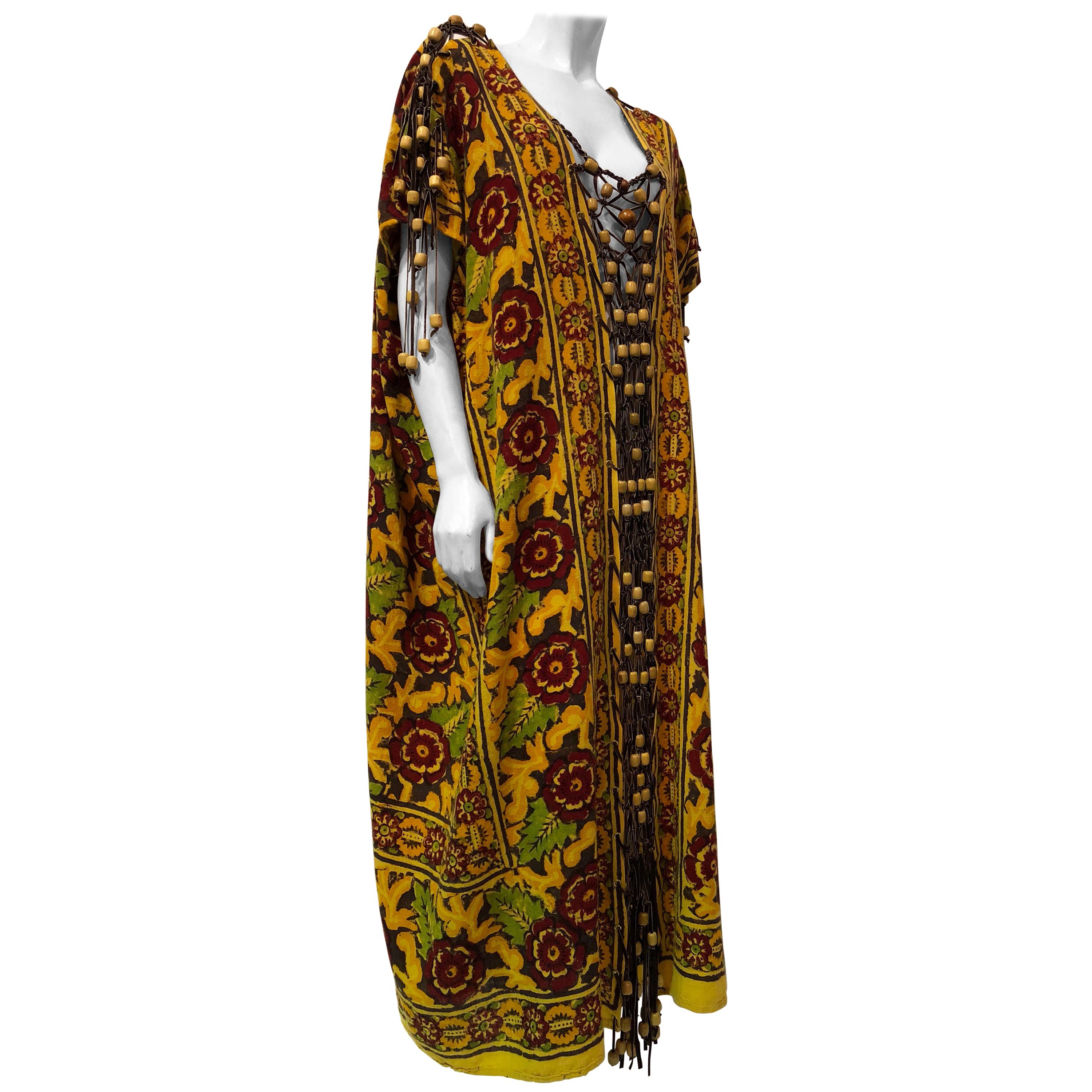 Indian Hand Block Print Cotton Kaftan with Leather Macrame and Wood Bead Trim