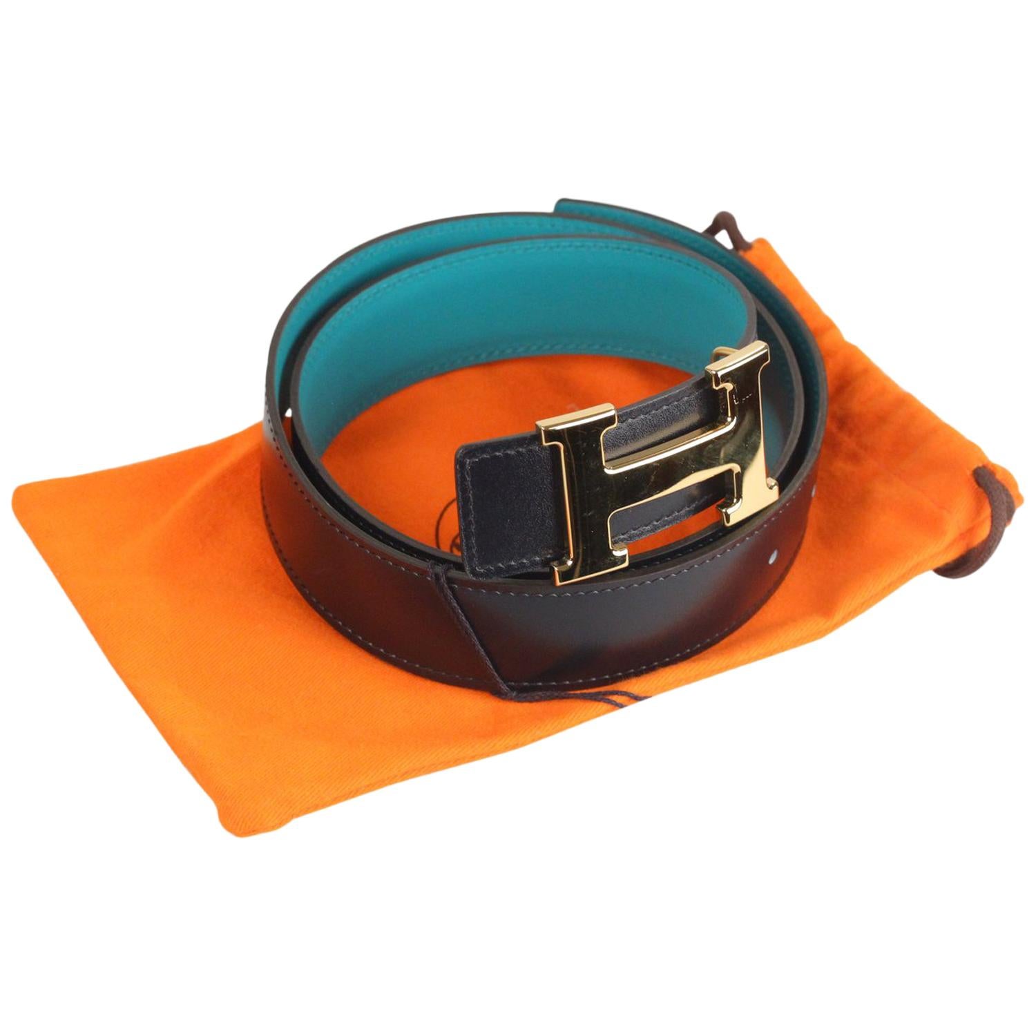 Hermes Teal and Blue Leather Reversible Belt with Gold Metal H-Buckle 