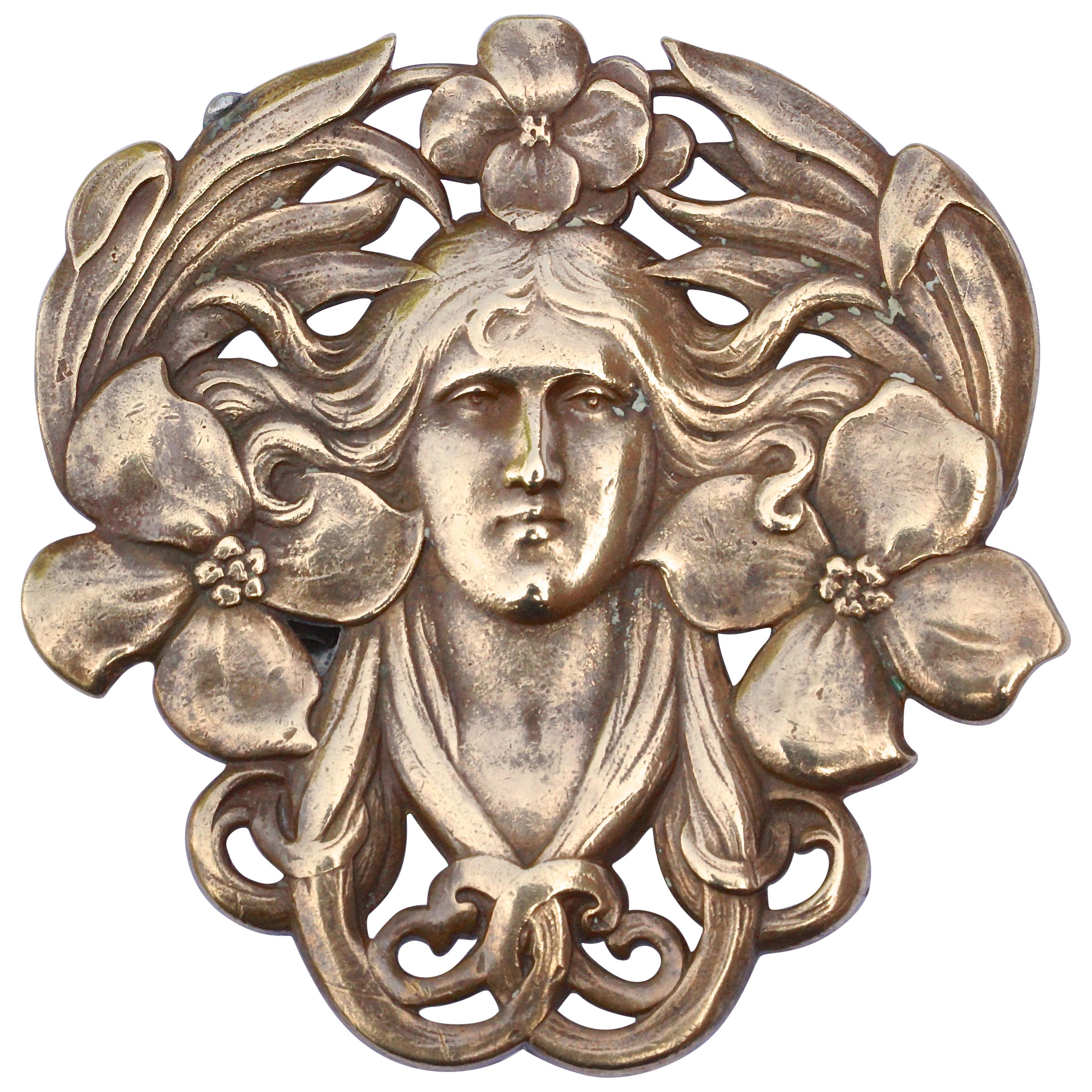 Pale Copper Tone Art Nouveau Lady and Flower Brooch