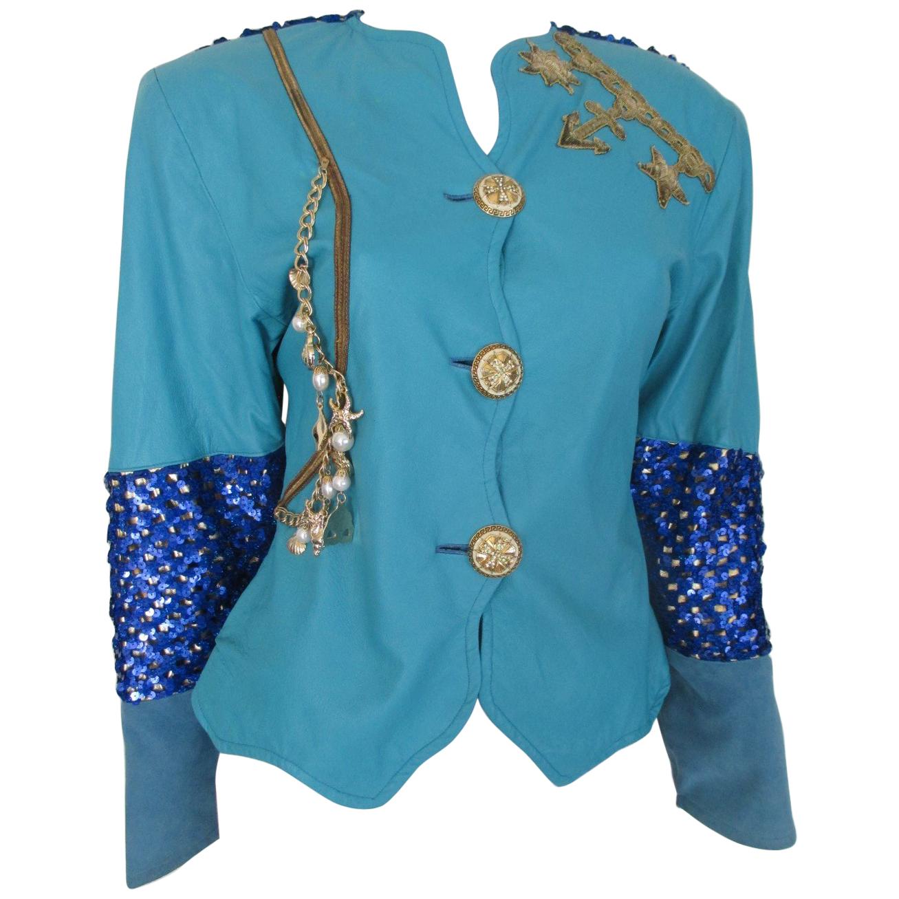Turquoise Leather Sequin Embroidered Jacket
