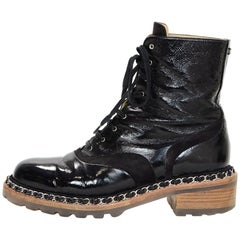 Chanel Black Patent & Chain Trim Boots Sz 40.5