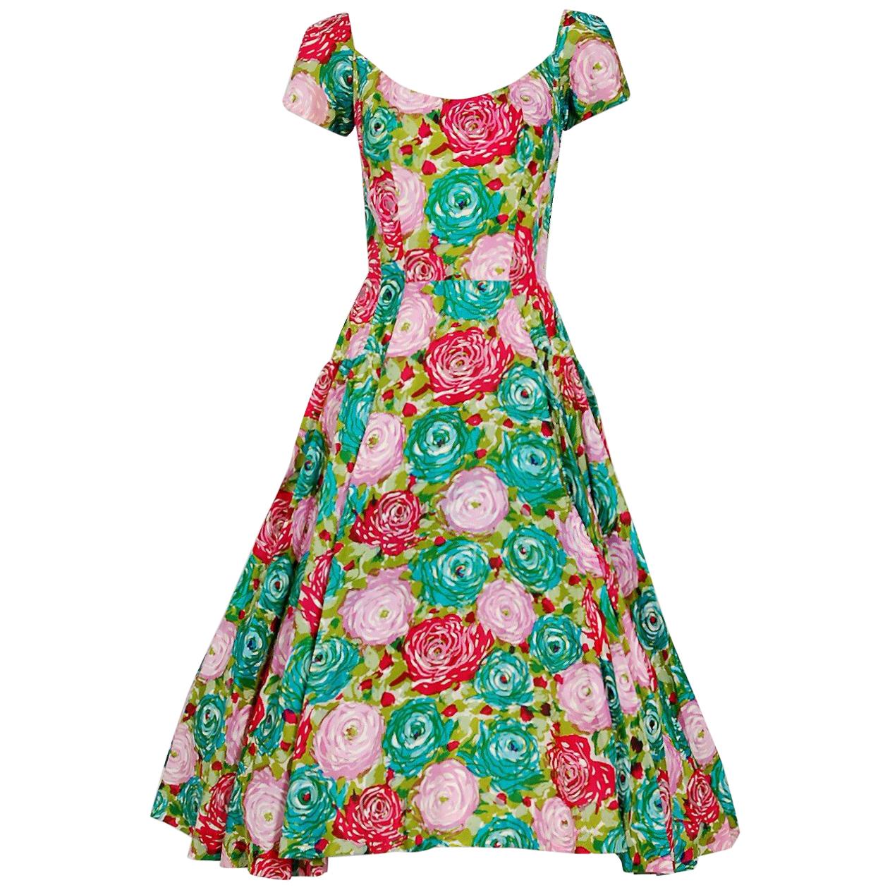 Perullo Watercolor Roses Floral Print Silk Pleated Circle Skirt Dress, 1950s 