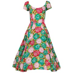 Perullo Watercolor Roses Floral Print Silk Pleated Circle Skirt Dress, 1950s