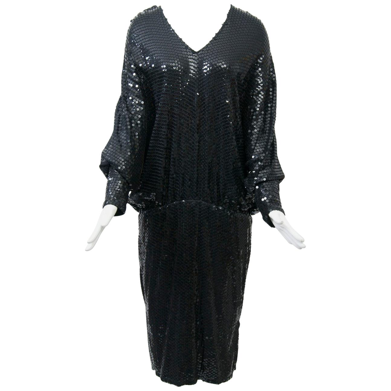 1980s Black Sequin Dress