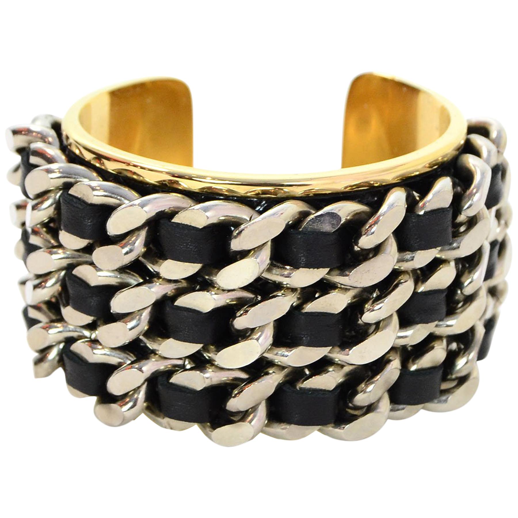 Stamerra Black Leather Chain-Link Cuff Bracelet with Box & Dust Bag