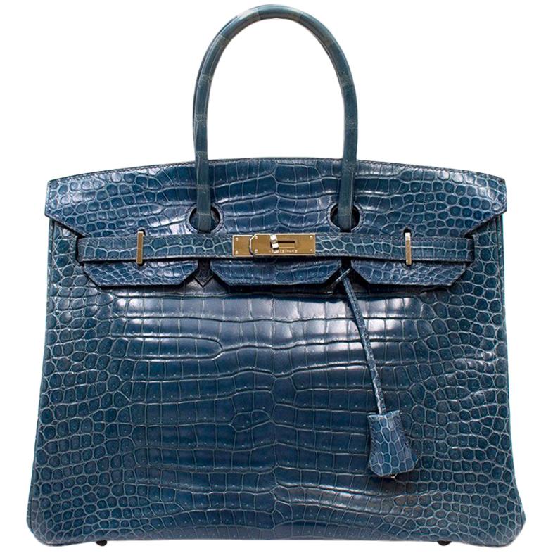 Hermes Blue Roy Porosus Crocodile 35cm Birkin Bag For Sale at 1stDibs
