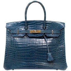 Hermes Blue Roy Porosus Crocodile 35cm Birkin Bag
