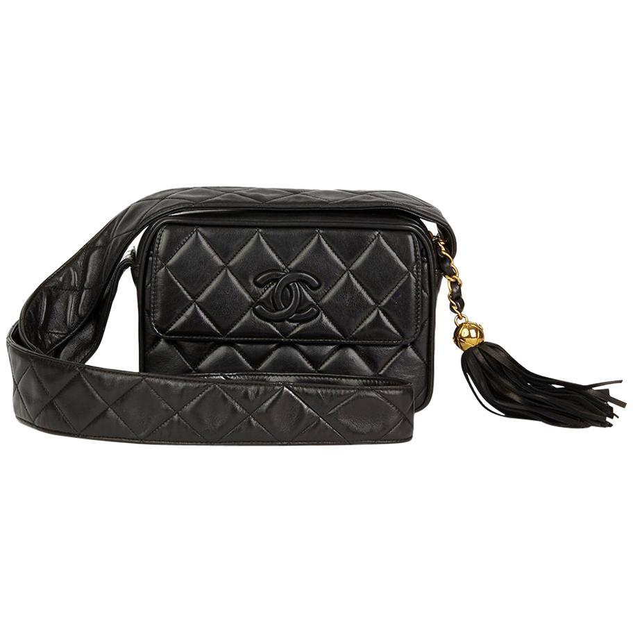 1994 Chanel Black Quilted Lambskin Vintage Leather Logo Fringe Camera Bag