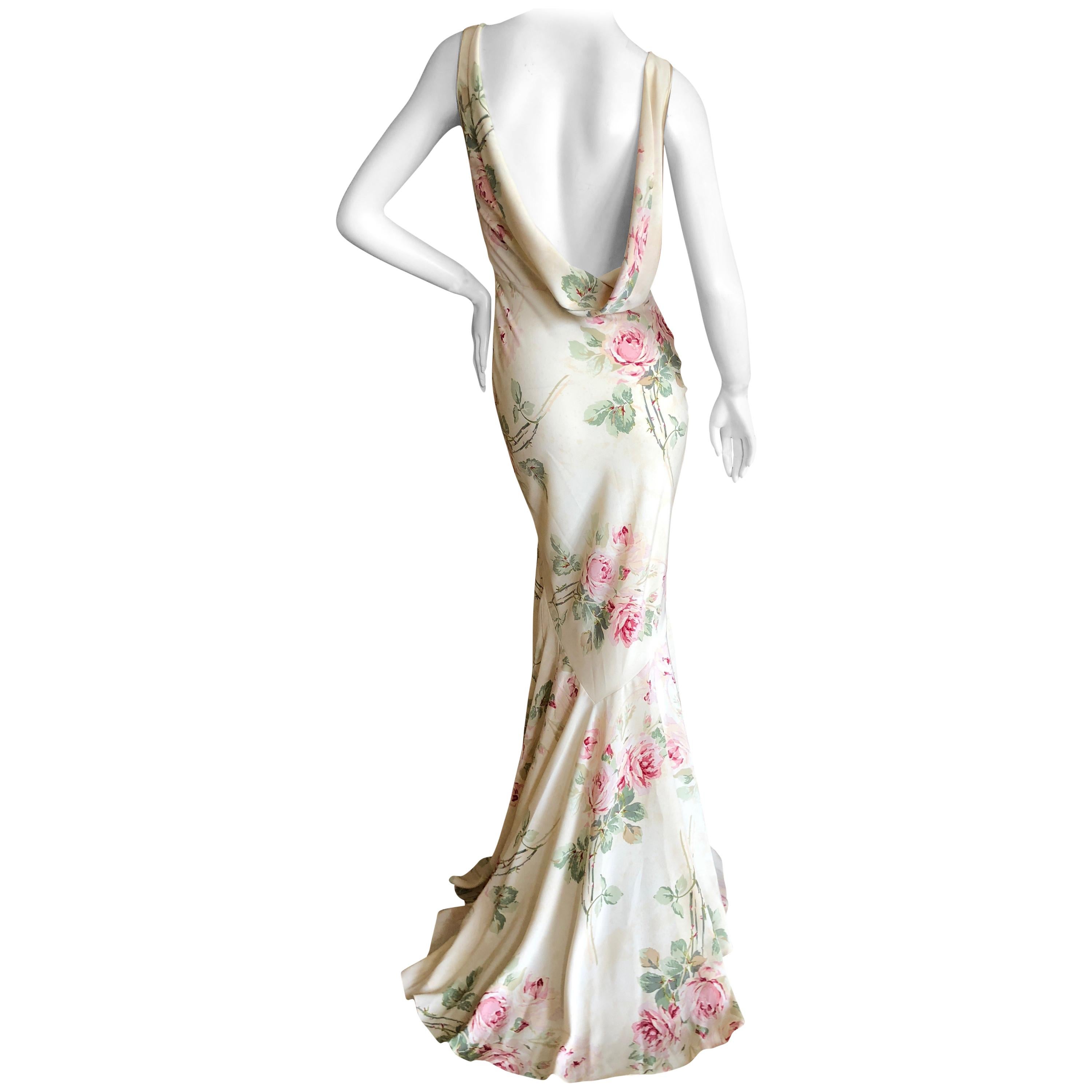 John Galliano Bias Cut Floral Dress with Draped Back and Train, 1990s  For Sale