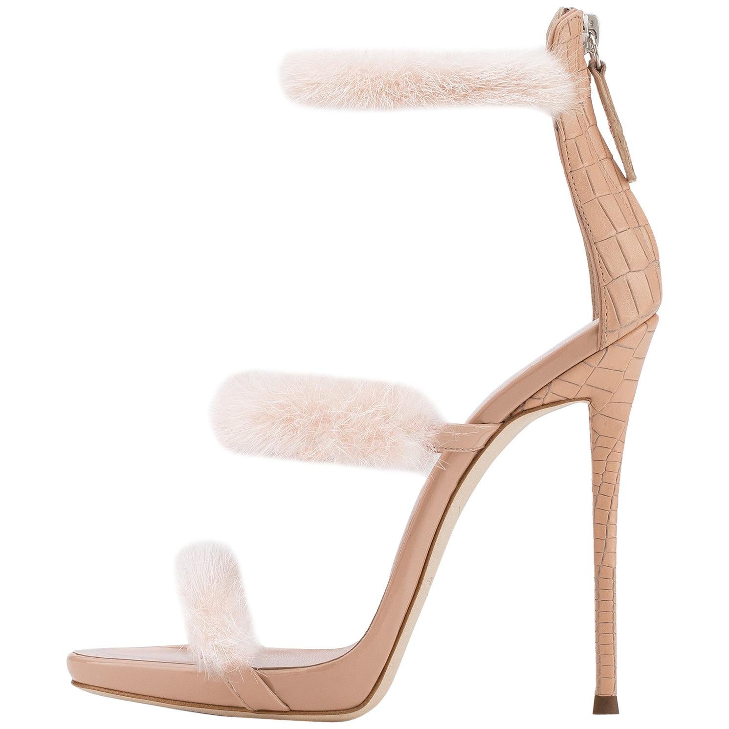 Giuseppe Zanotti Nude Blush Leather Fur Evening Sandal Heels 