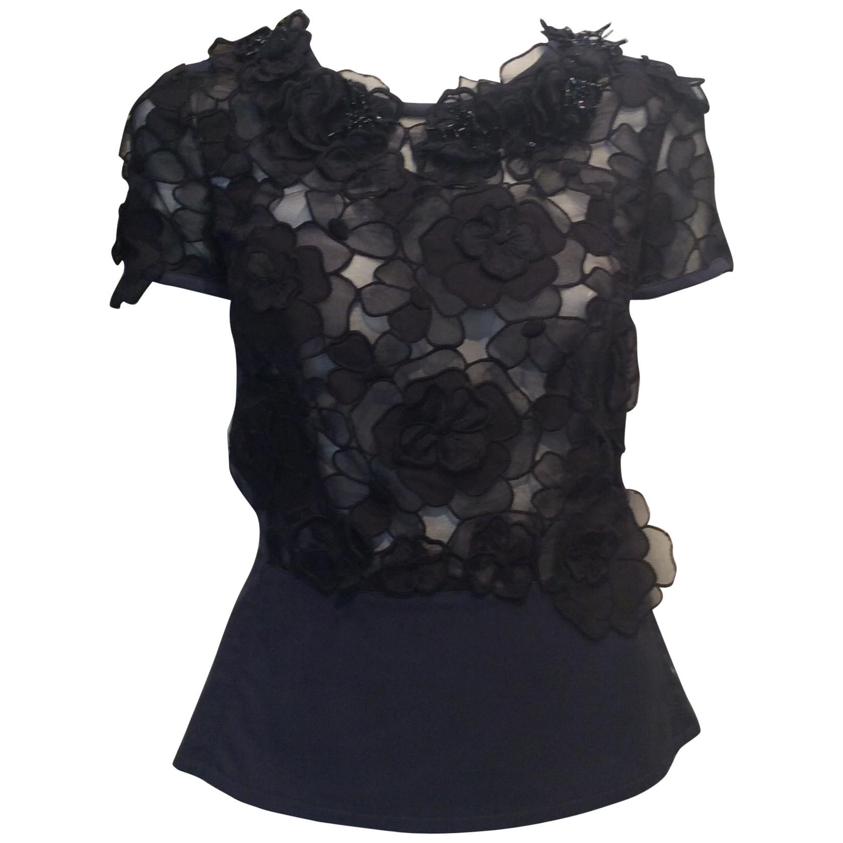Louis Vuitton Navy and Black Semi Sheer Top w/ Flowers and Beads Sz Fr38/Us6 For Sale