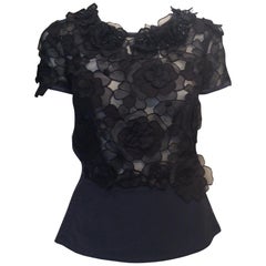 Louis Vuitton Navy and Black Semi Sheer Top w/ Flowers and Beads Sz Fr38/Us6