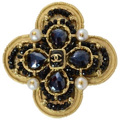 Chanel Goldtone & Black Metallic Bead Maltese Brooch Pin