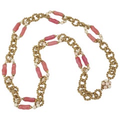 Miriam Haskell Chunky Gold Chain Link Necklace With Faux Coral Beads, 1950s  