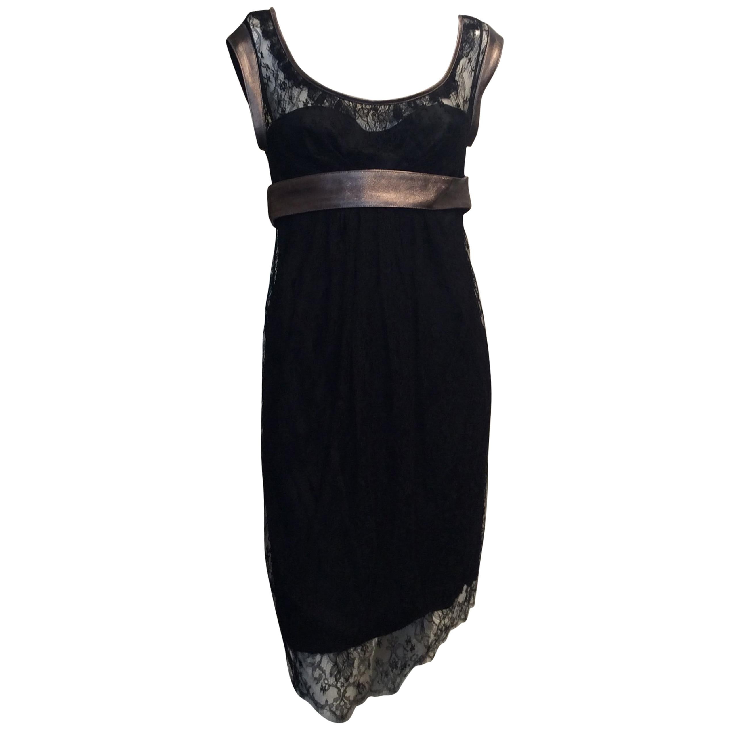 Dolce and Gabbana Black Lace Dress with Gunmetal Leather Trim and Belt Sz42/Us6 For Sale
