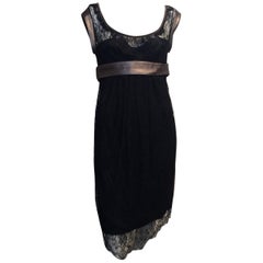 Dolce and Gabbana Black Lace Dress with Gunmetal Leather Trim and Belt Sz42/Us6